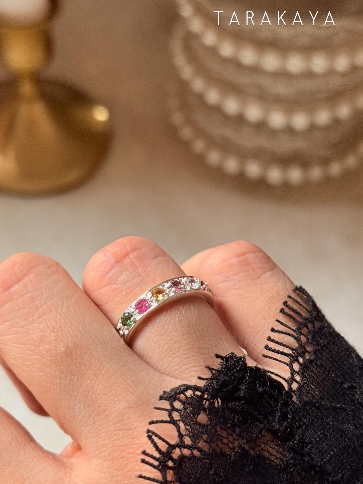 925 Sterling Silver Natural Multi Tourmaline Faceted Eternity White Band Ring