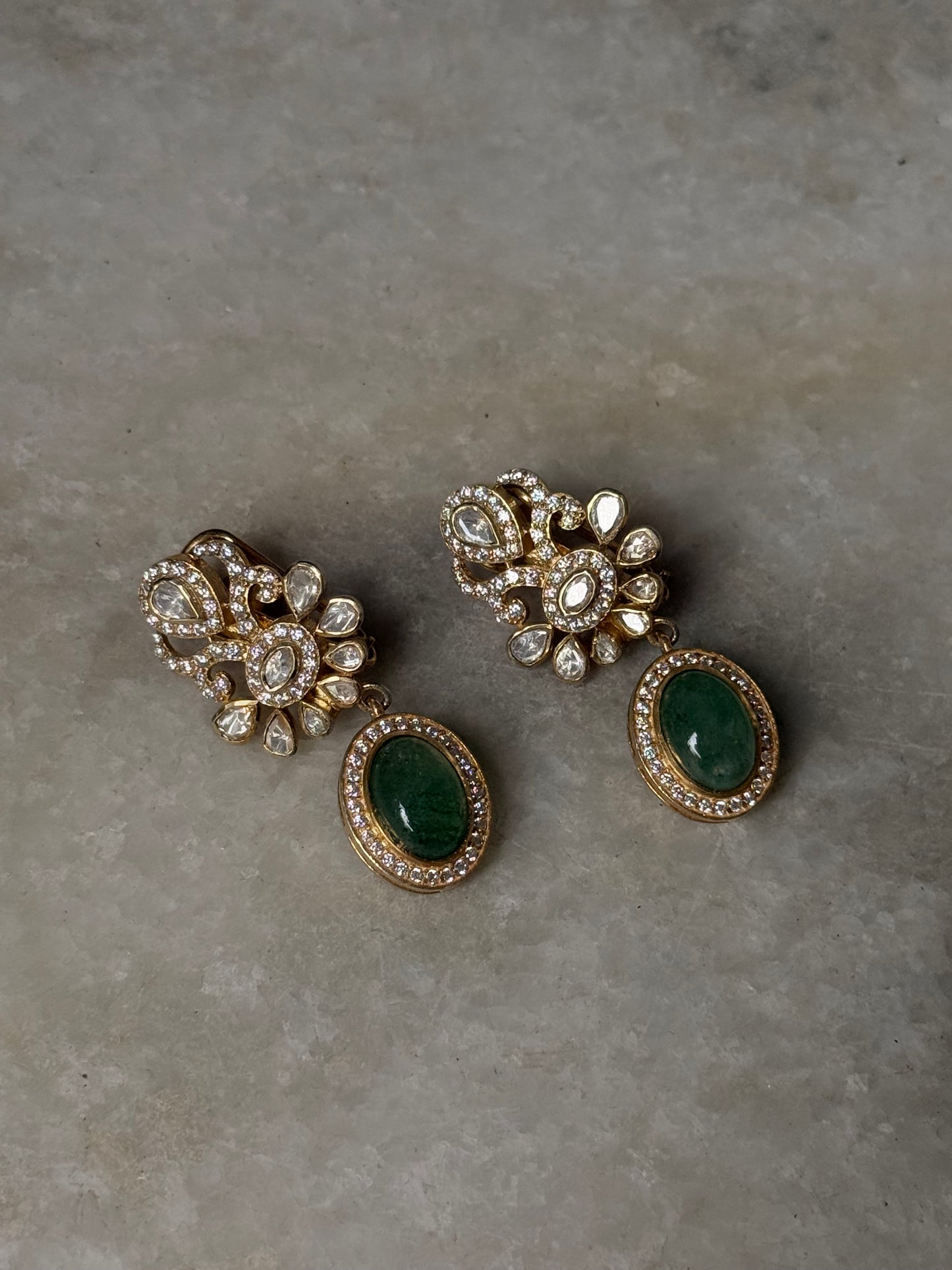 925 Sterling Silver Gold Plated Antique Moissanite Polki ,Green Onyx Oval Drop Earrings