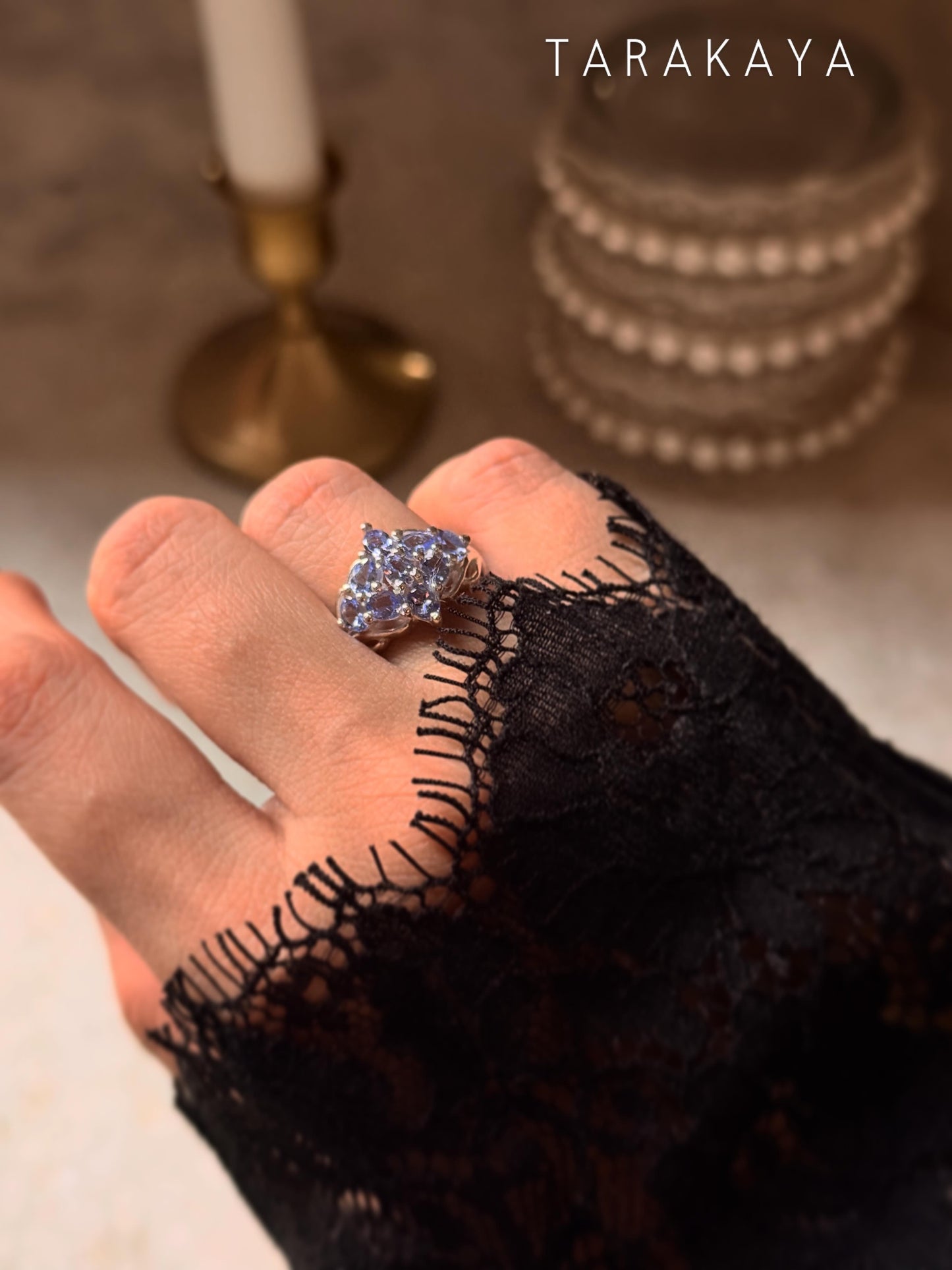 925 Sterling Silver Natural Tanzanite Faceted Flower Vintage Style Band Statement Ring