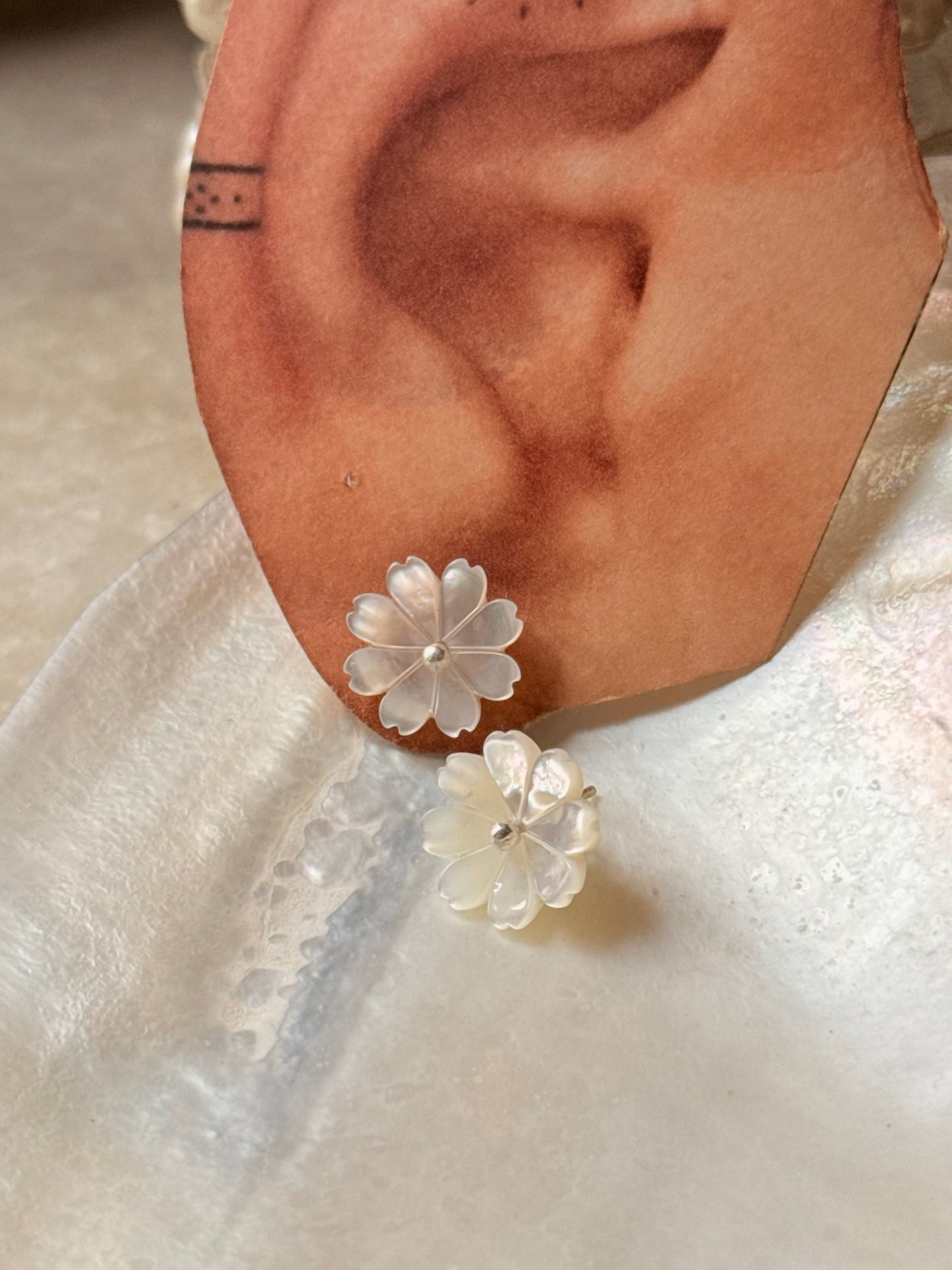 925 Sterling Silver Mother of Pearl Flower Carved - 2mm Tiny Studs- 2 in 1