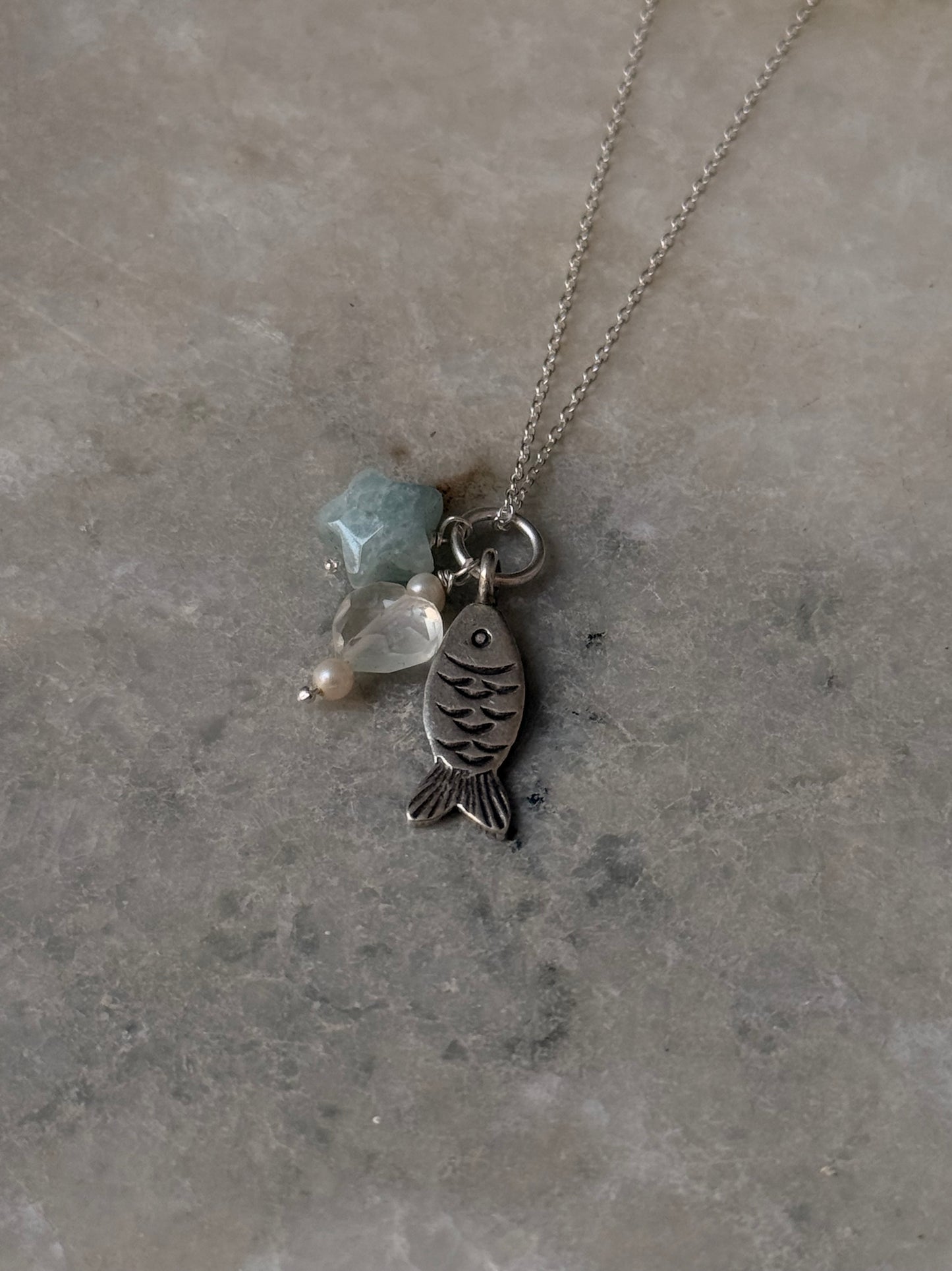 925 Sterling Silver Fish, Grey Moonstone Heart , Fresh Water Pearls and Aquamarine Star Necklace