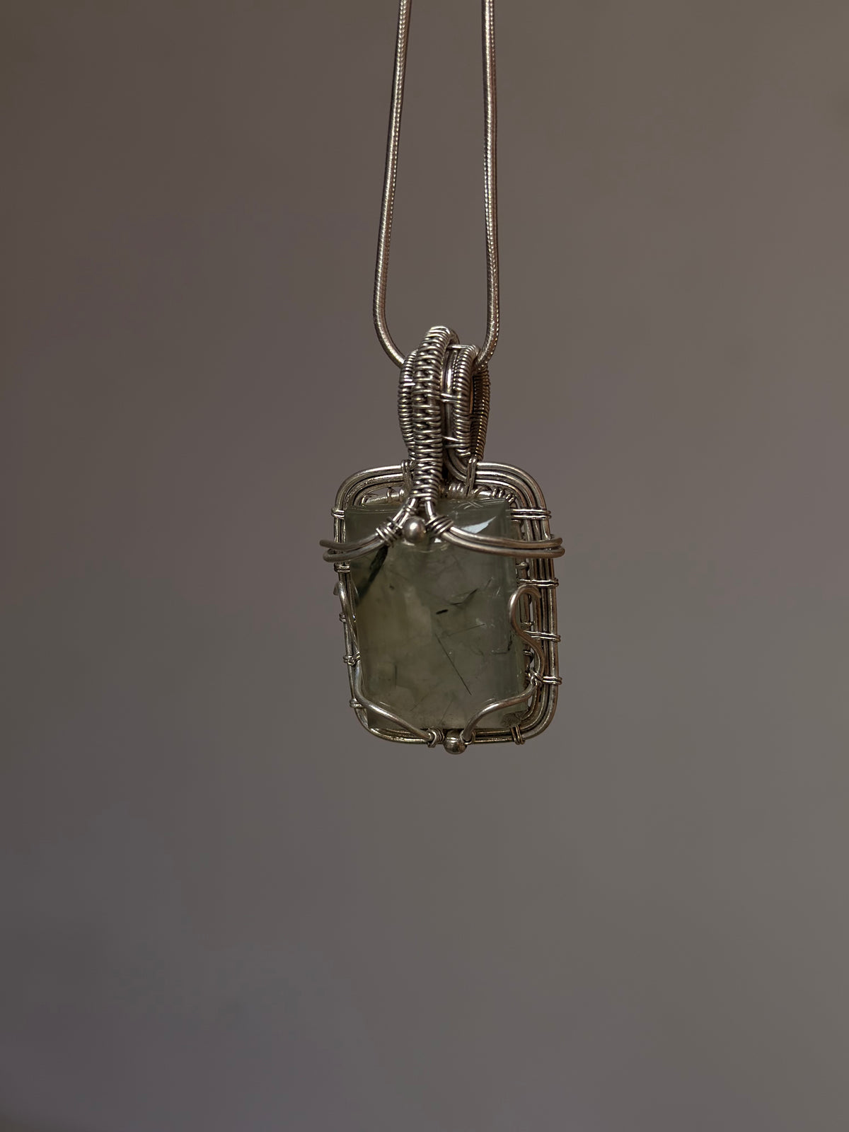 925 Sterling Silver Pherenite  Rectangle Wire Wrapped Handcrafted One of a Kind Pendant