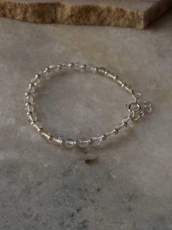 925 Sterling Silver Clear Quartz 4mm Silver Beads Bracelet- Beaded in Pure Silver 925 Wire