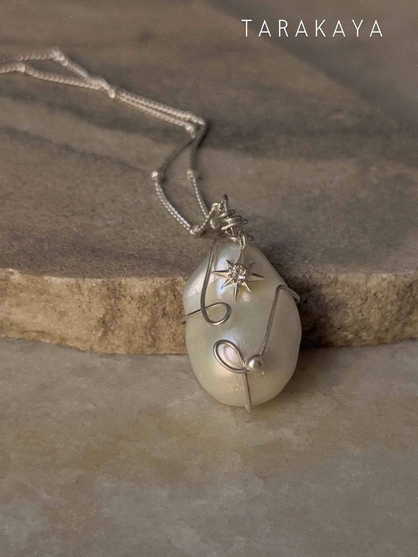 925 Sterling Silver One Of a Kind Baroque Pearl -White Topaz North Star Charm - Cable Dot Chain Handcrafted Necklace