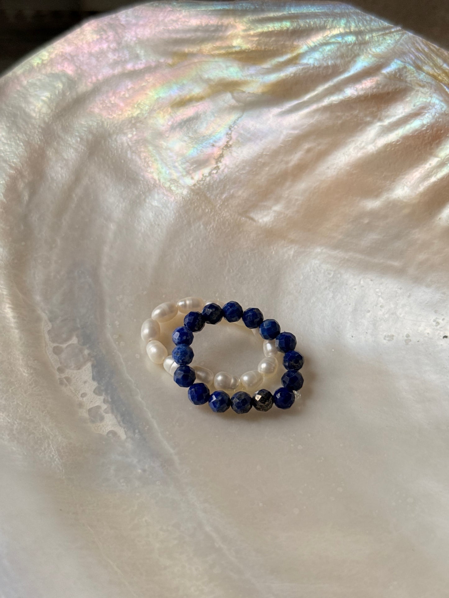 Natural Crystal Stretchy Lapis Lazuli 3-4mm & Fresh Water Pearl Rings