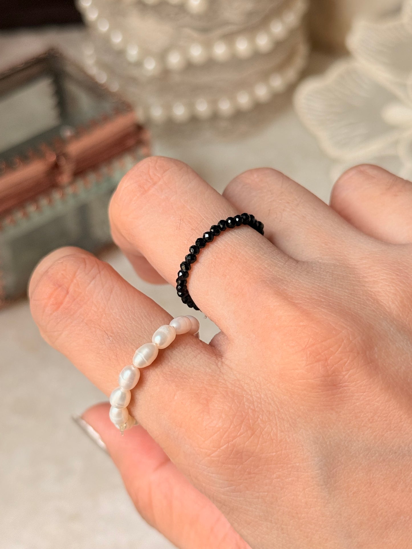 Natural Crystal Stretchy Fresh Water Pearl & Black Spinel Rings