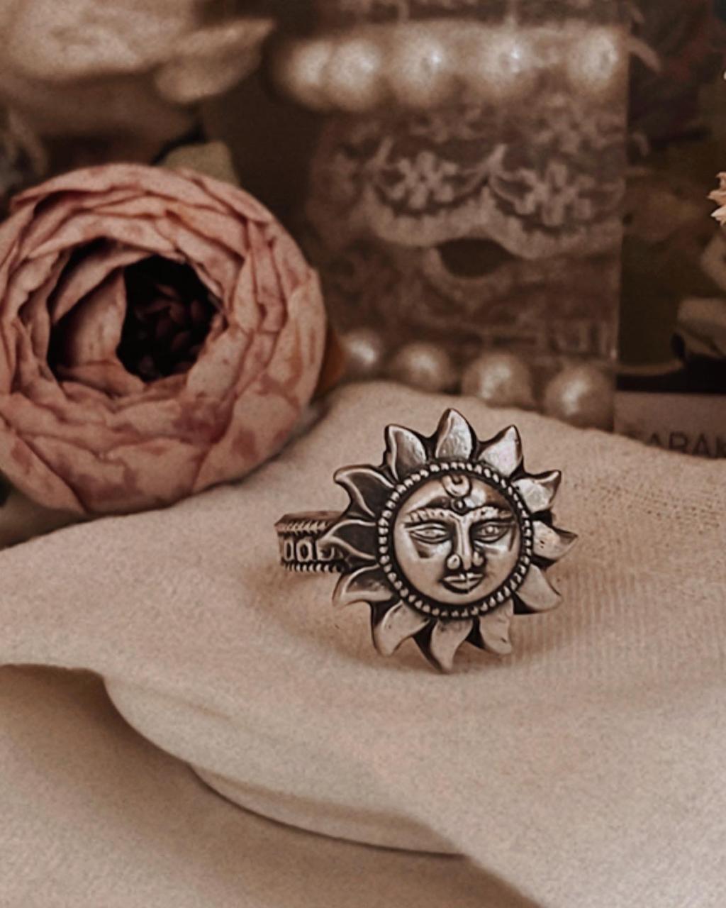 Elegant Surya Dev sun god adjustable silver ring