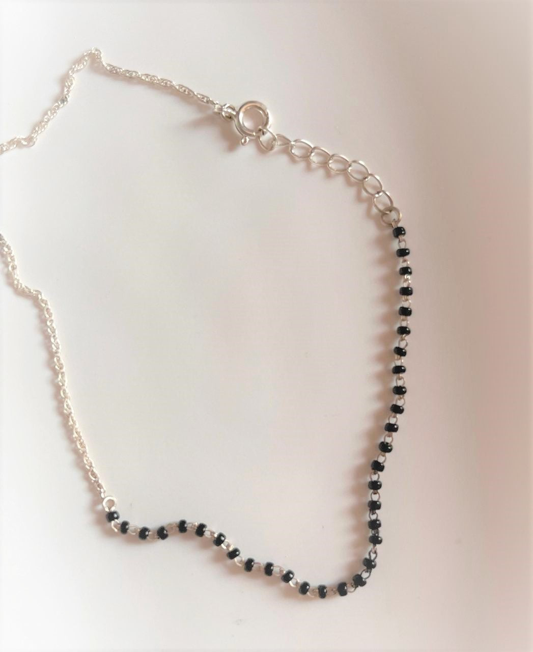 Sterling Silver Anklet with Black Beads and Half Chain