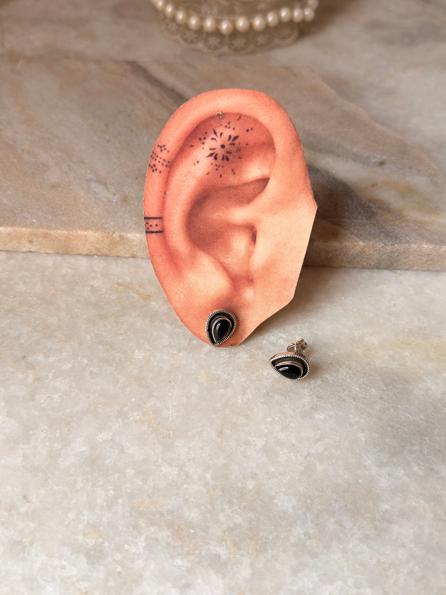 925 Sterling Silver Black Onyx Boho Pear Studs Earrings