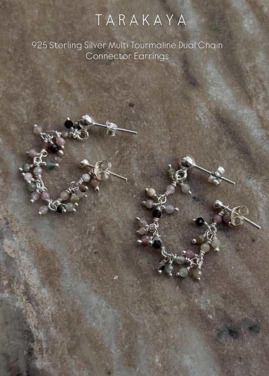 925 Sterling Silver Multi Tourmaline Dual Chain Connector Earrings