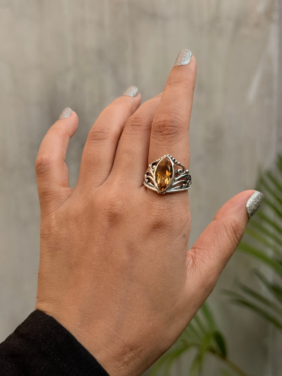 925 Sterling Silver Treated Citrine Marquise Vintage Crown Ring