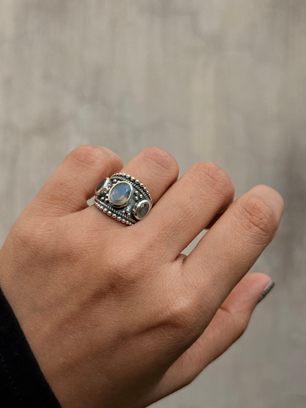 925 Sterling Silver Labradorite 3 Stones Boho Statement Stackable Ring