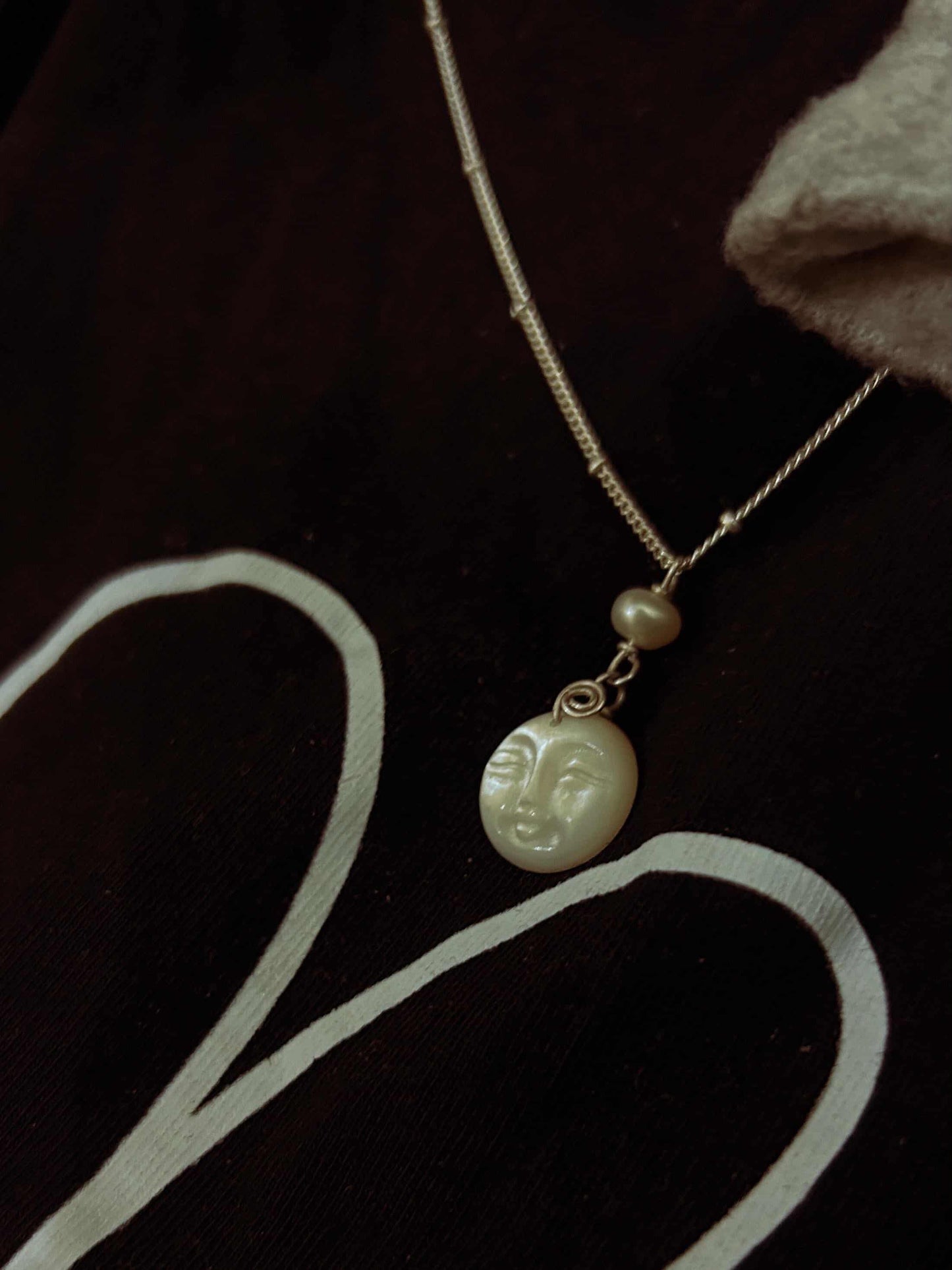 925 Sterling Silver Mother of Pearl Moon Face, Fresh Water Pearl Spiral Cable Dot Handcrafted Necklace