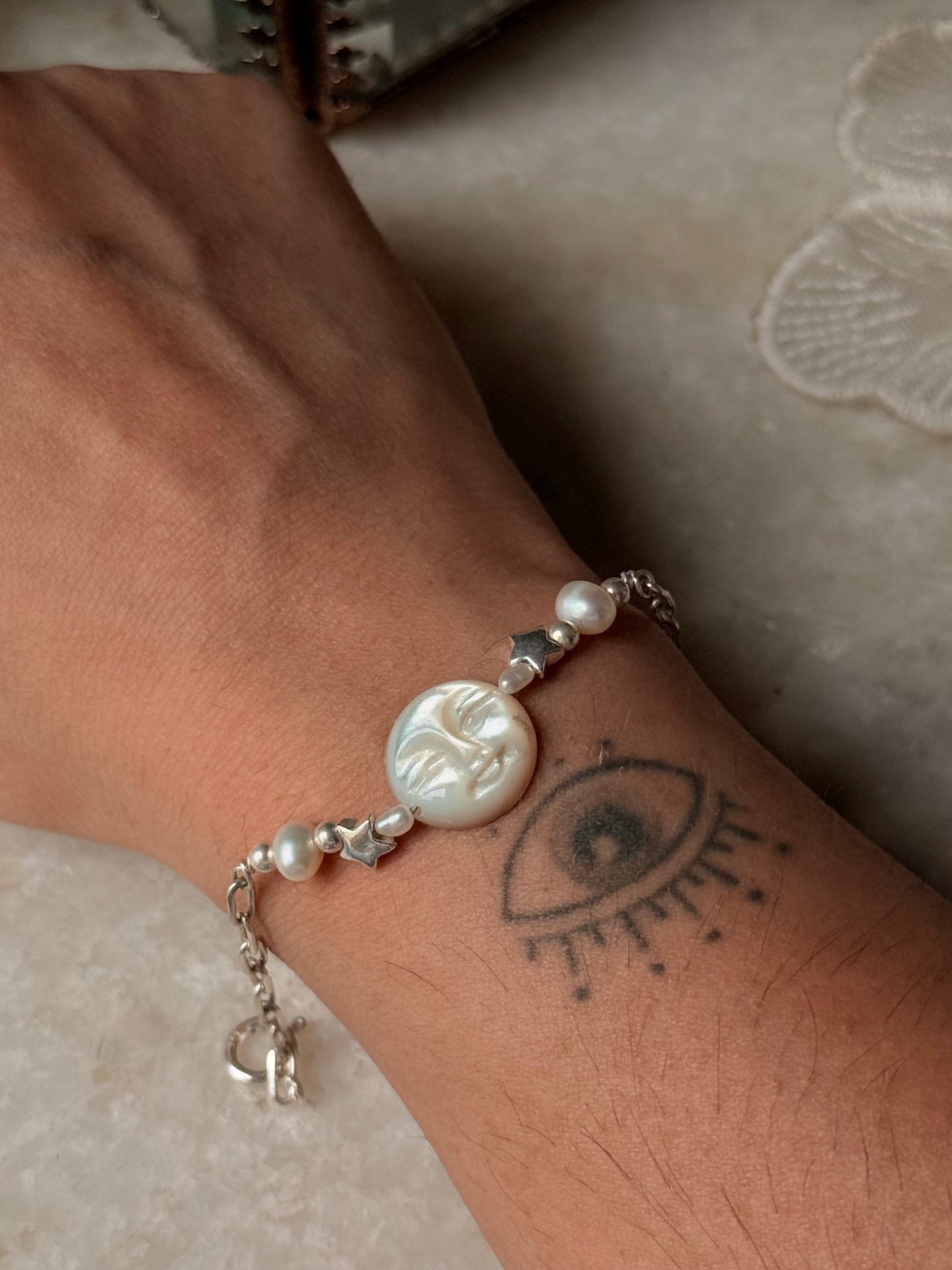 925 Sterling Silver Mother of Pearl Moon Face Carved, Fresh Water Pearls & Silver Stars, Paper Clip Self Designed Handcrafted Bracelet