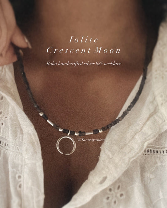 Iolite 3mm Faceted Natural Crystal with Crescent Moon 925 Sterling Silver Boho Necklace