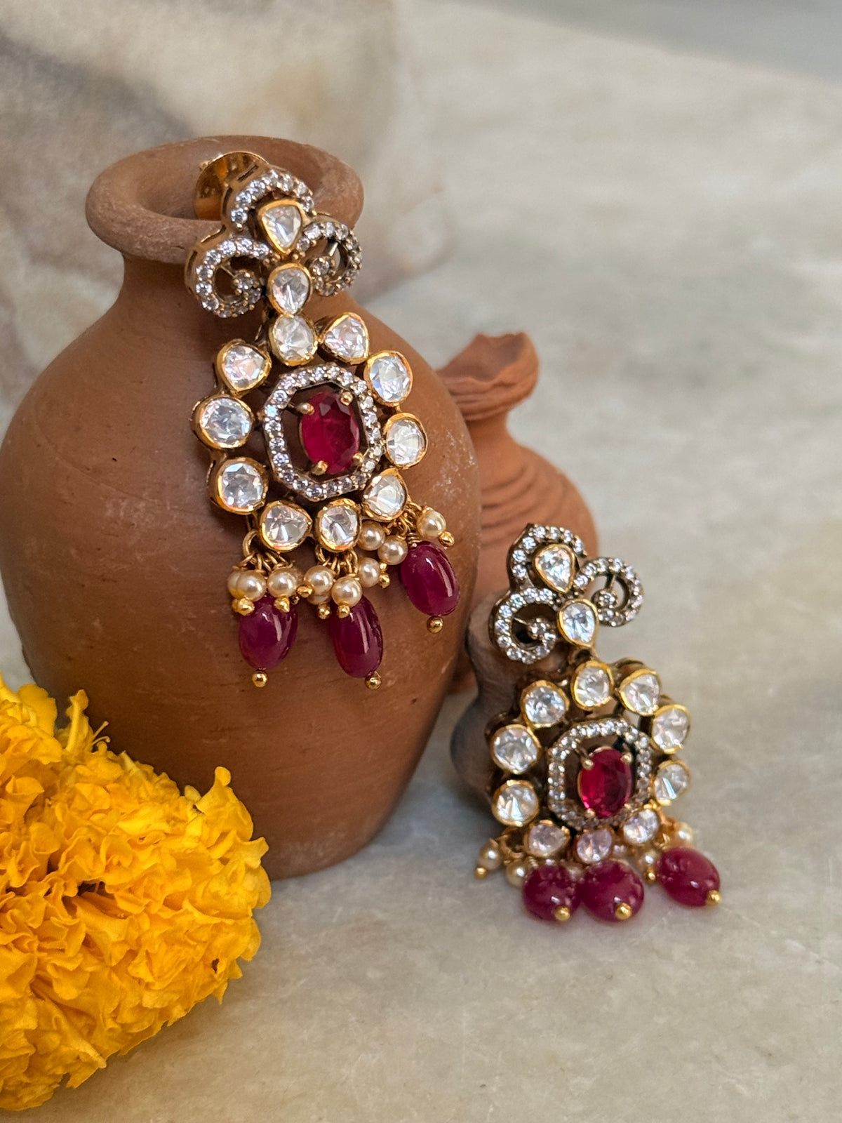 925 Sterling Silver Moissanite Polki,Dyed Ruby ,Cz & Fresh Water Pearls Gold Plated Statement Earrings