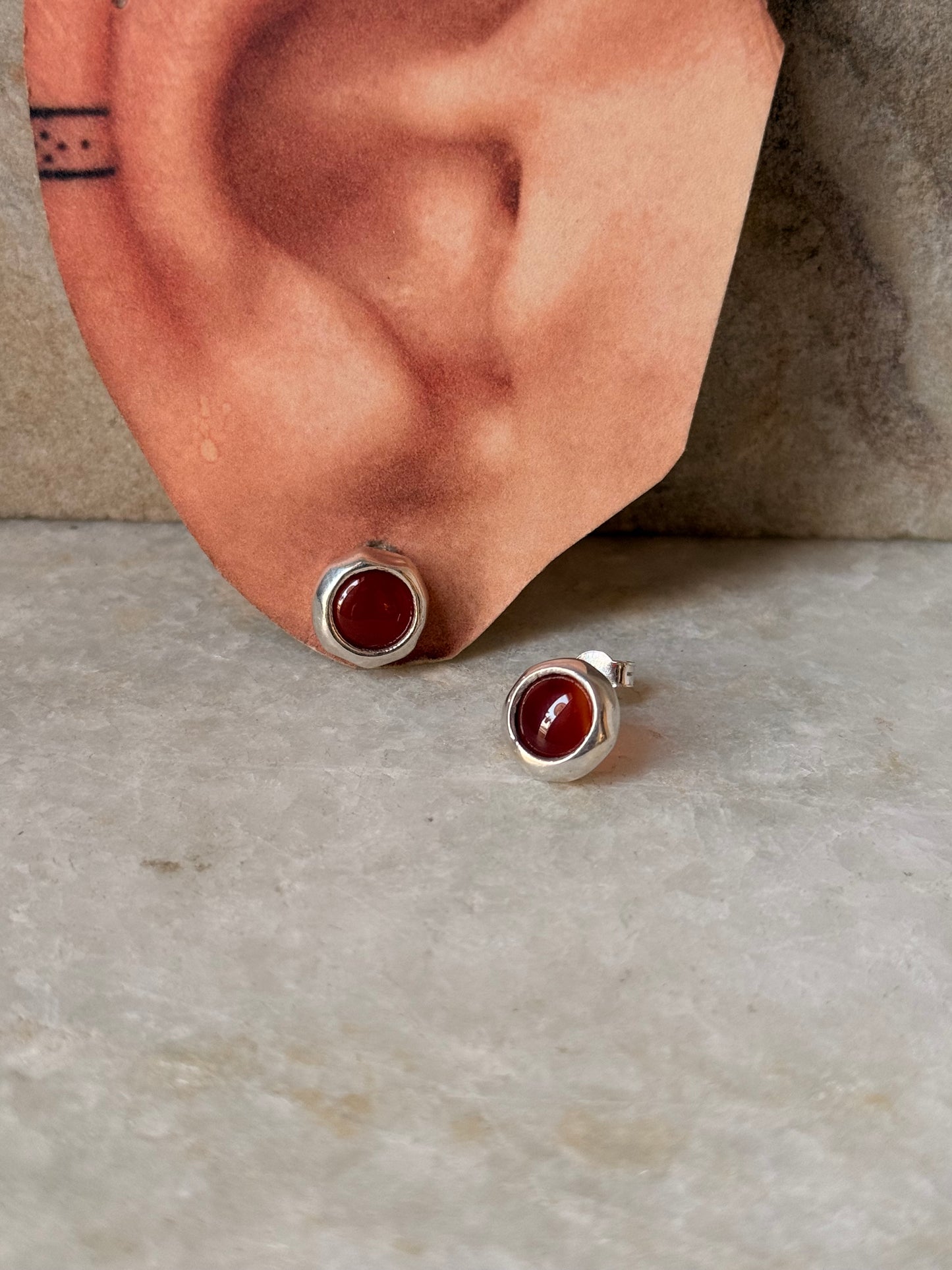 925 sterling silver Carnelian Cab Stone Round Stud Earrings