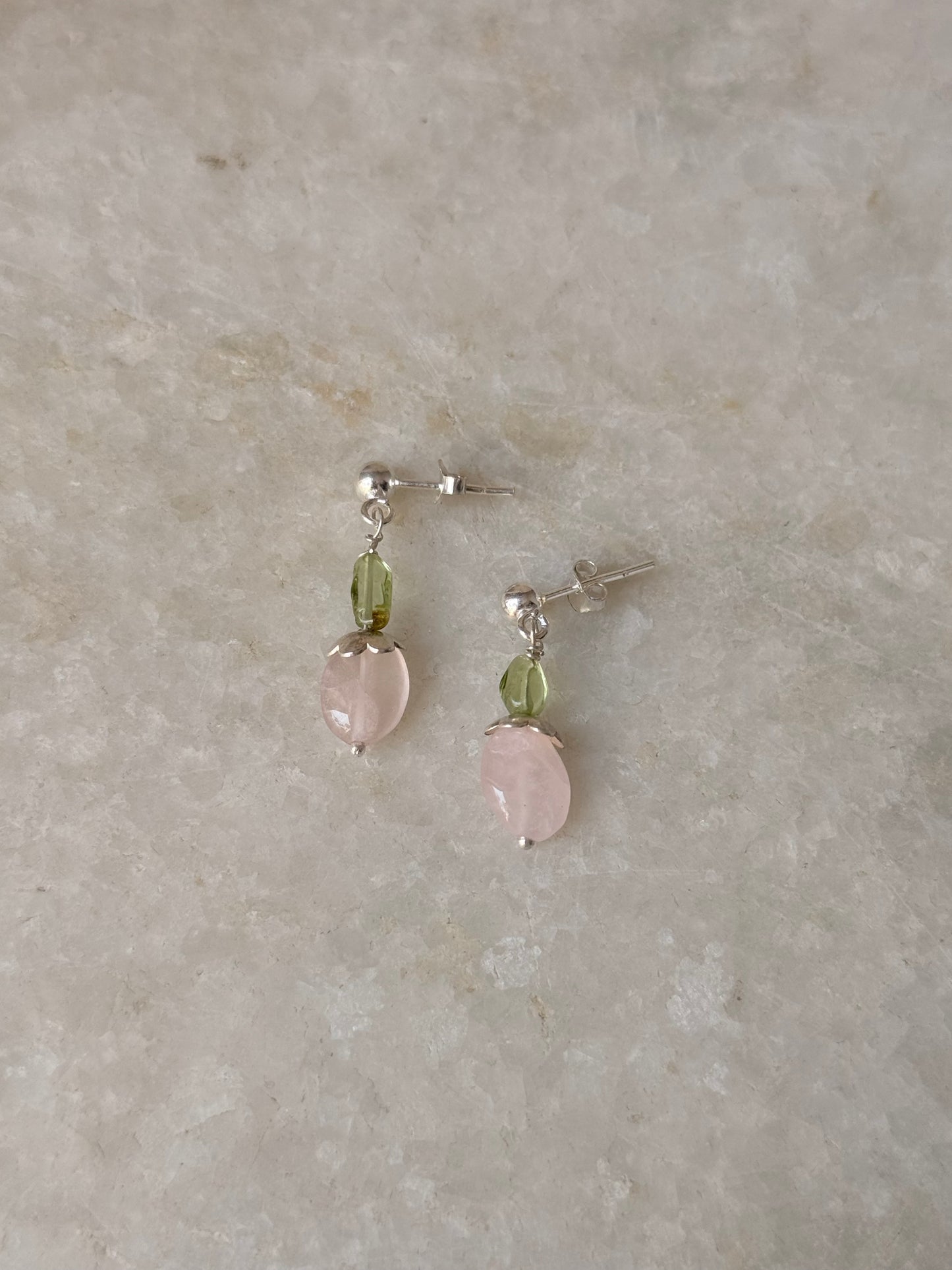 925 Sterling Silver Rose Quartz Tumble Flower & Peridot Studs Earrings
