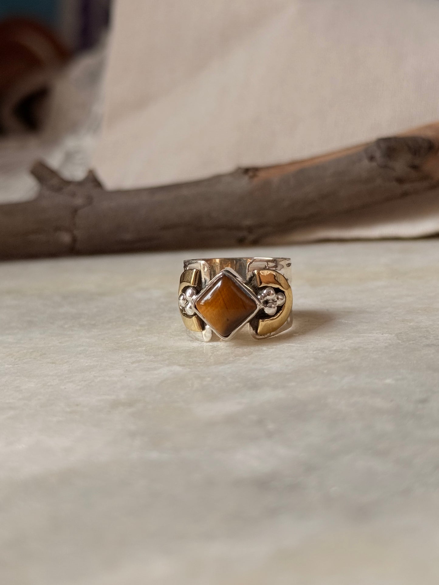 925 Sterling Silver Tiger Eye Rustic Mixed Metal Ring