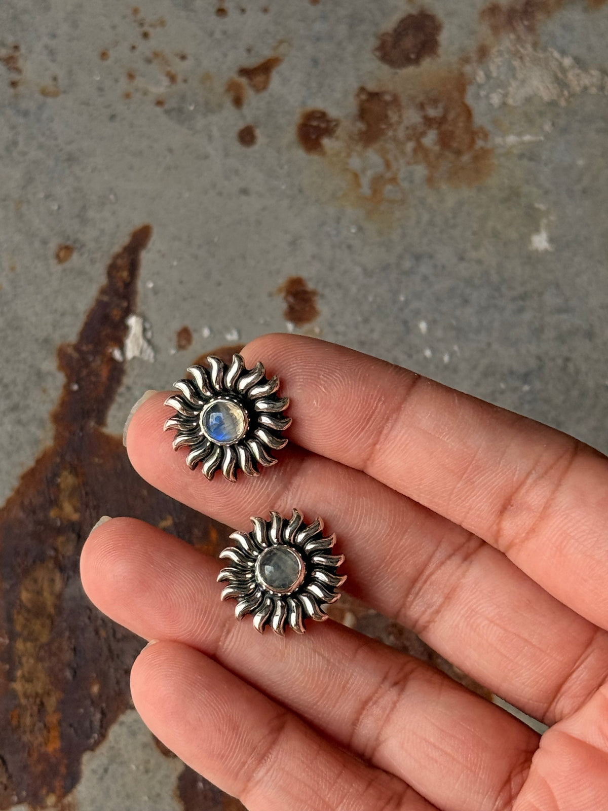925 Sterling Silver Moonstone Big Sun Stud Earrings