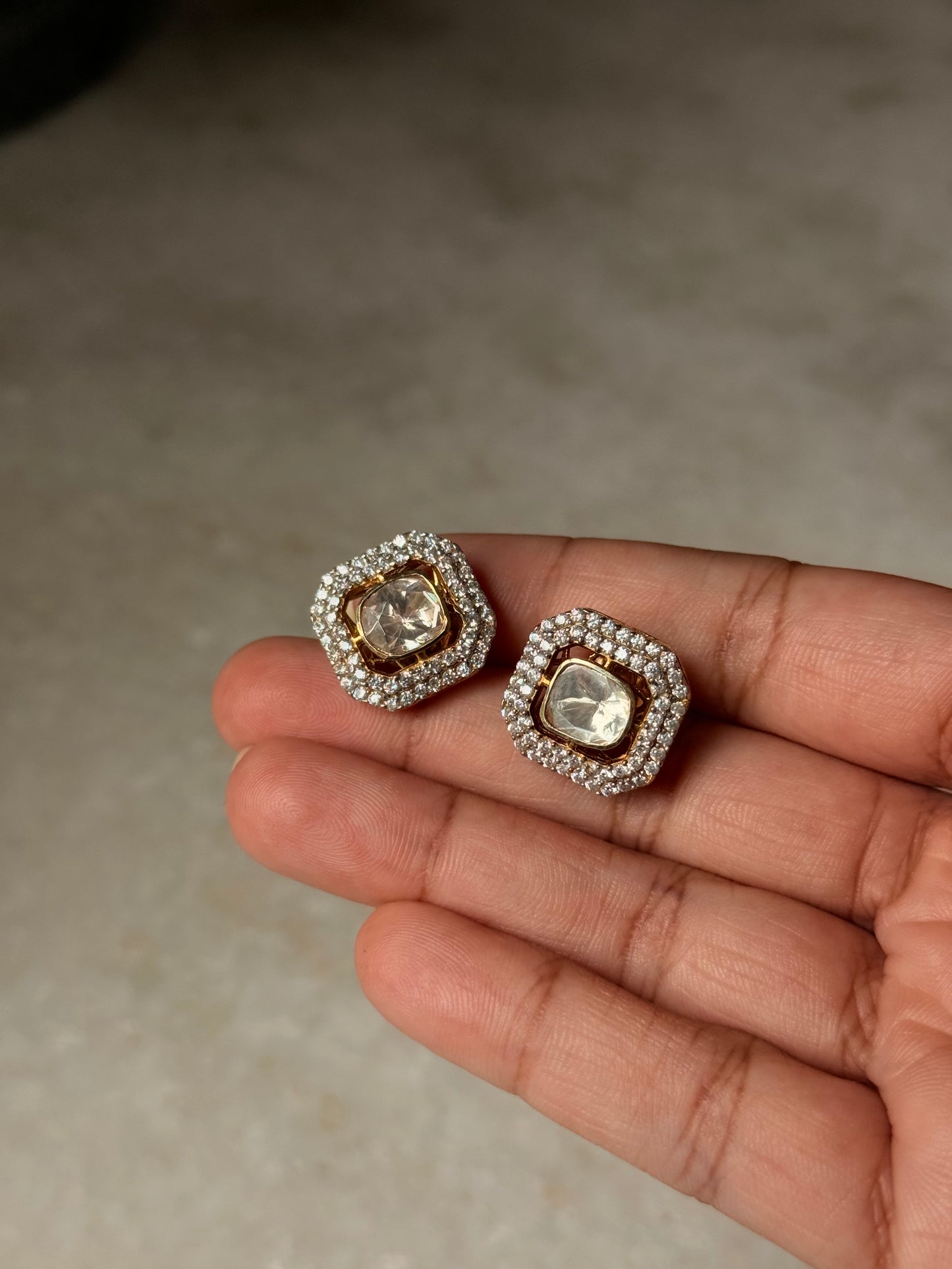 925 Sterling Silver Gold Plated Antique Moissanite Polki Square Stud Earrings