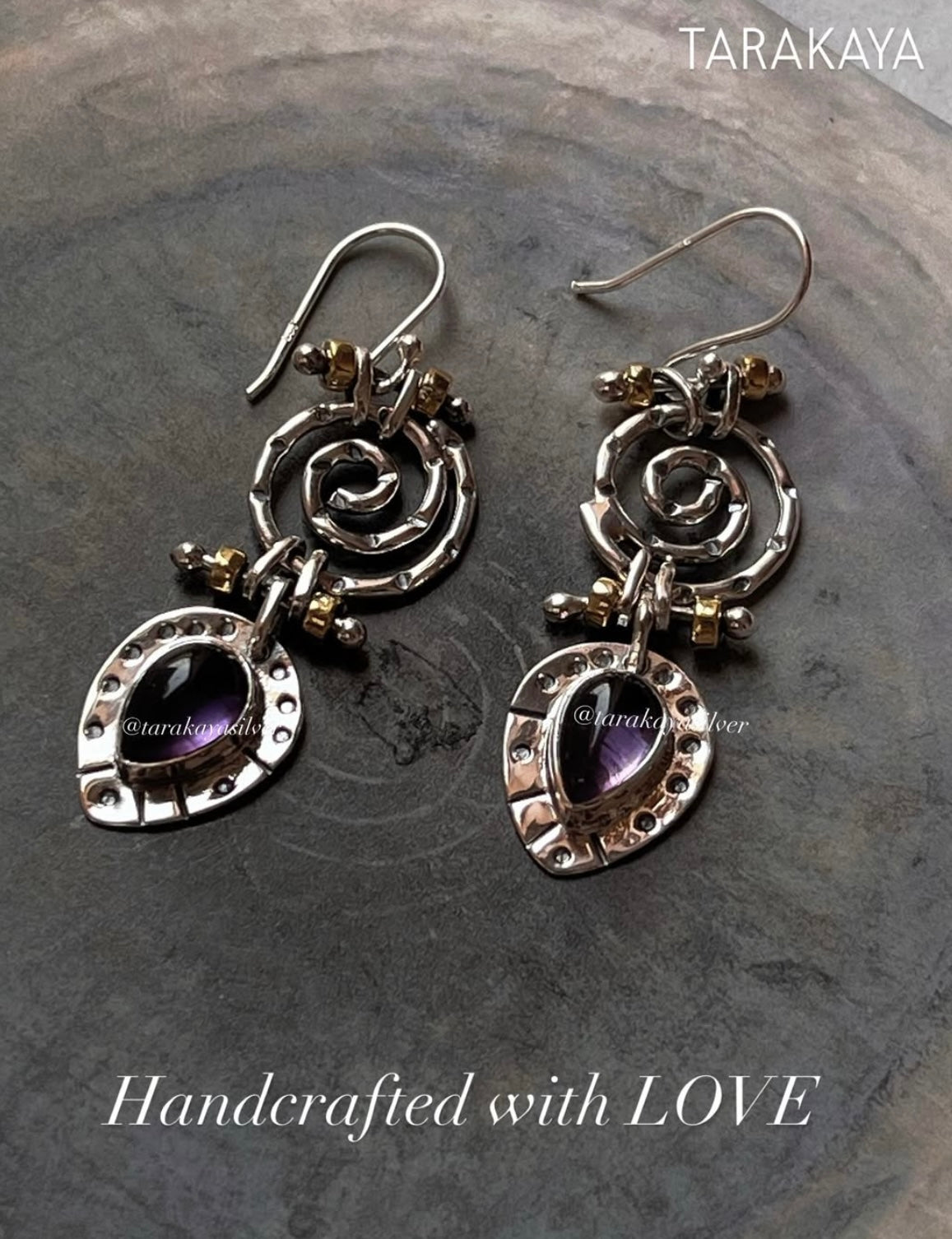 Handmade 925 silver earrings with spiral fusion and amethyst 