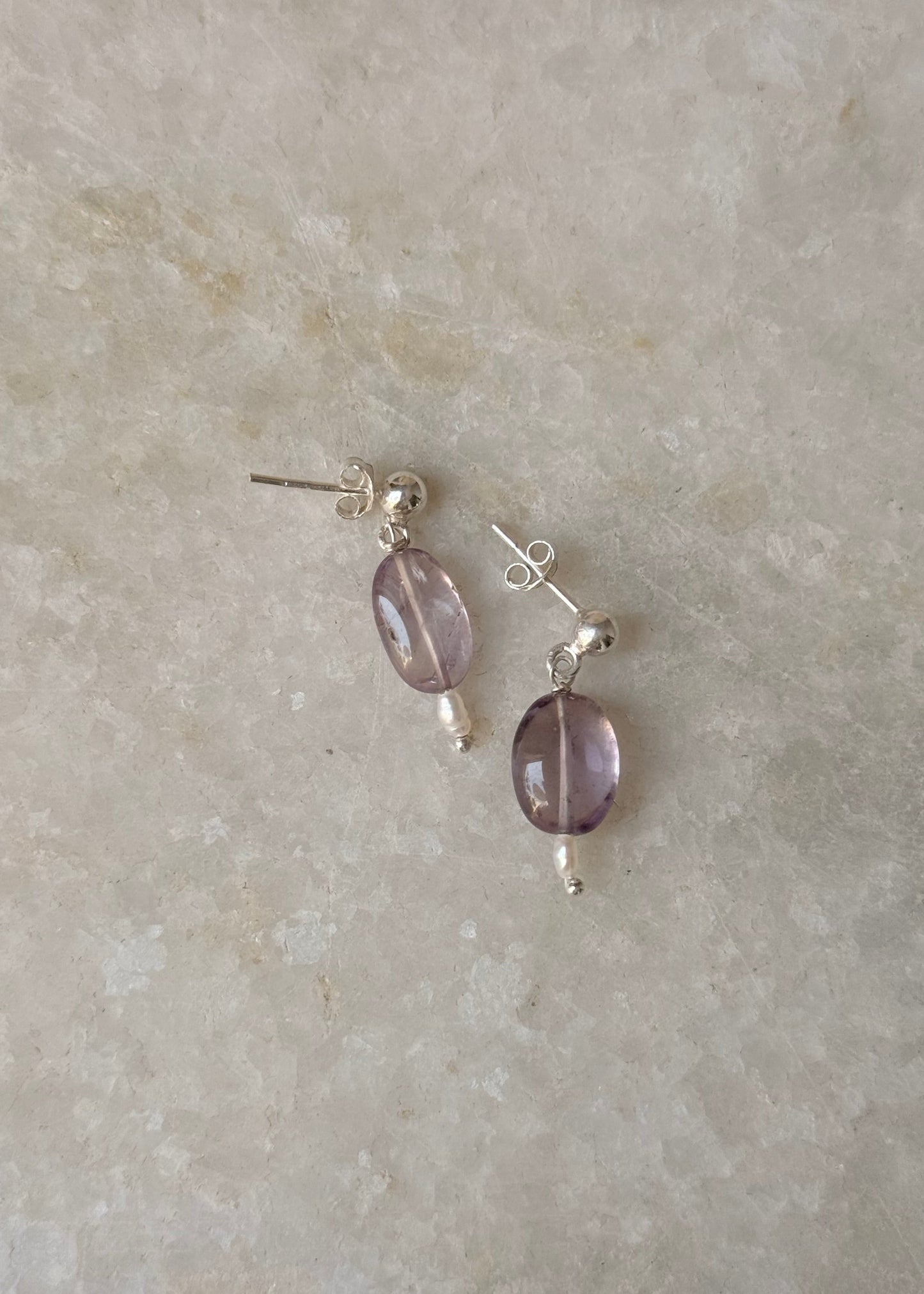 925 Sterling Silver Amethyst Tumble Pearl Ball Studs