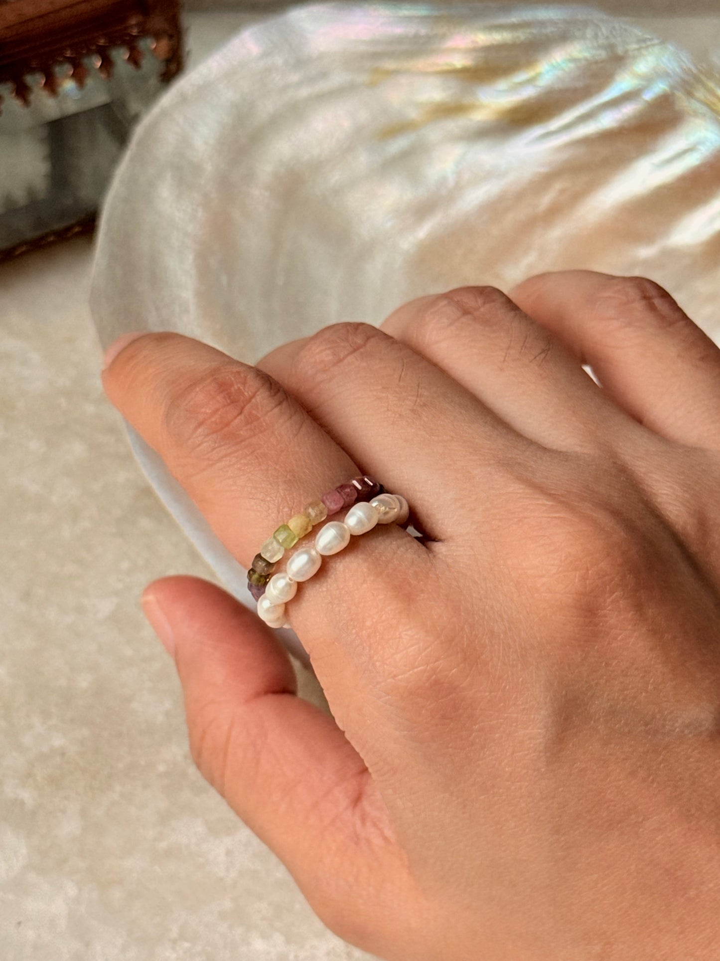 Natural Crystal Stretchy Multi Tourmaline Box & Fresh Water Pearl Rings