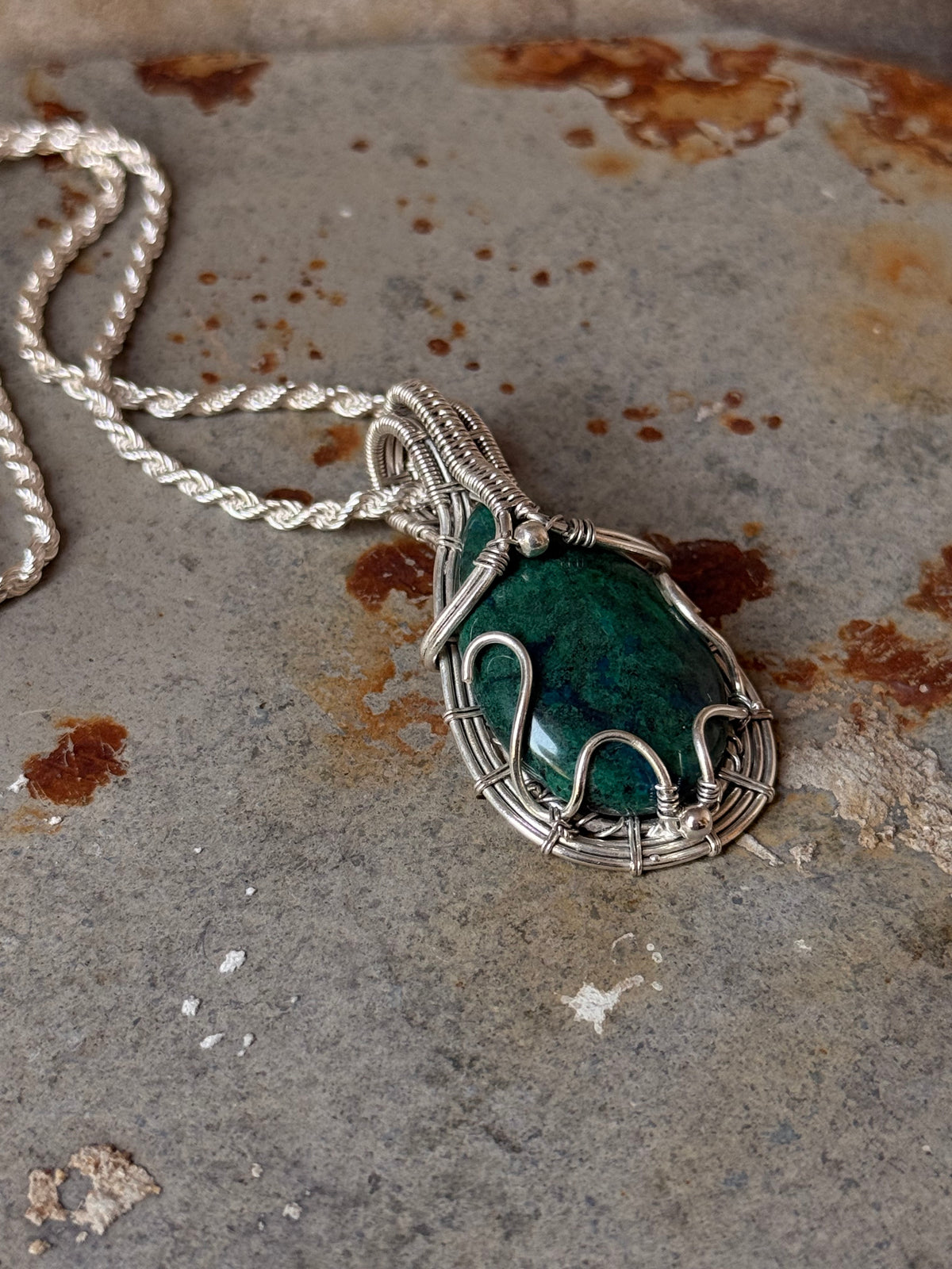 925 Sterling Silver Azurite Pear Wire Wrapped Handcrafted One of a Kind Pendant