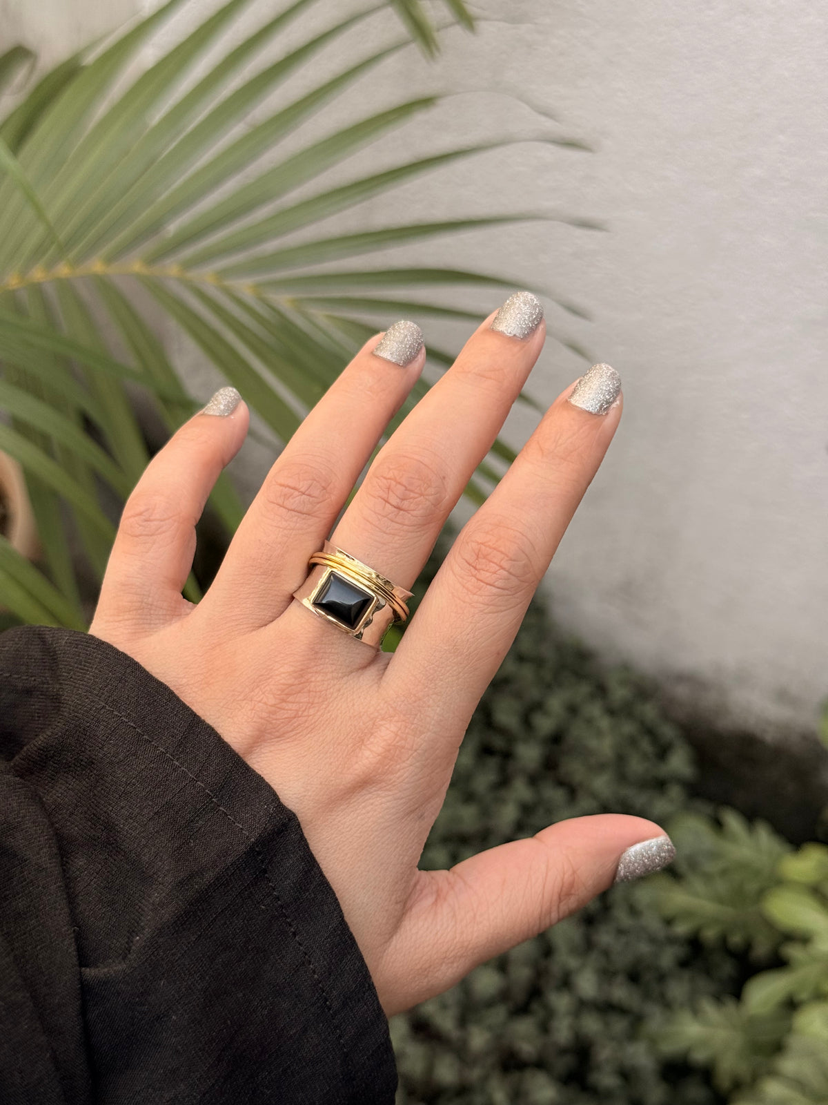 925 Sterling Silver Black Onyx Spinner Dual Tone Rustic Ring