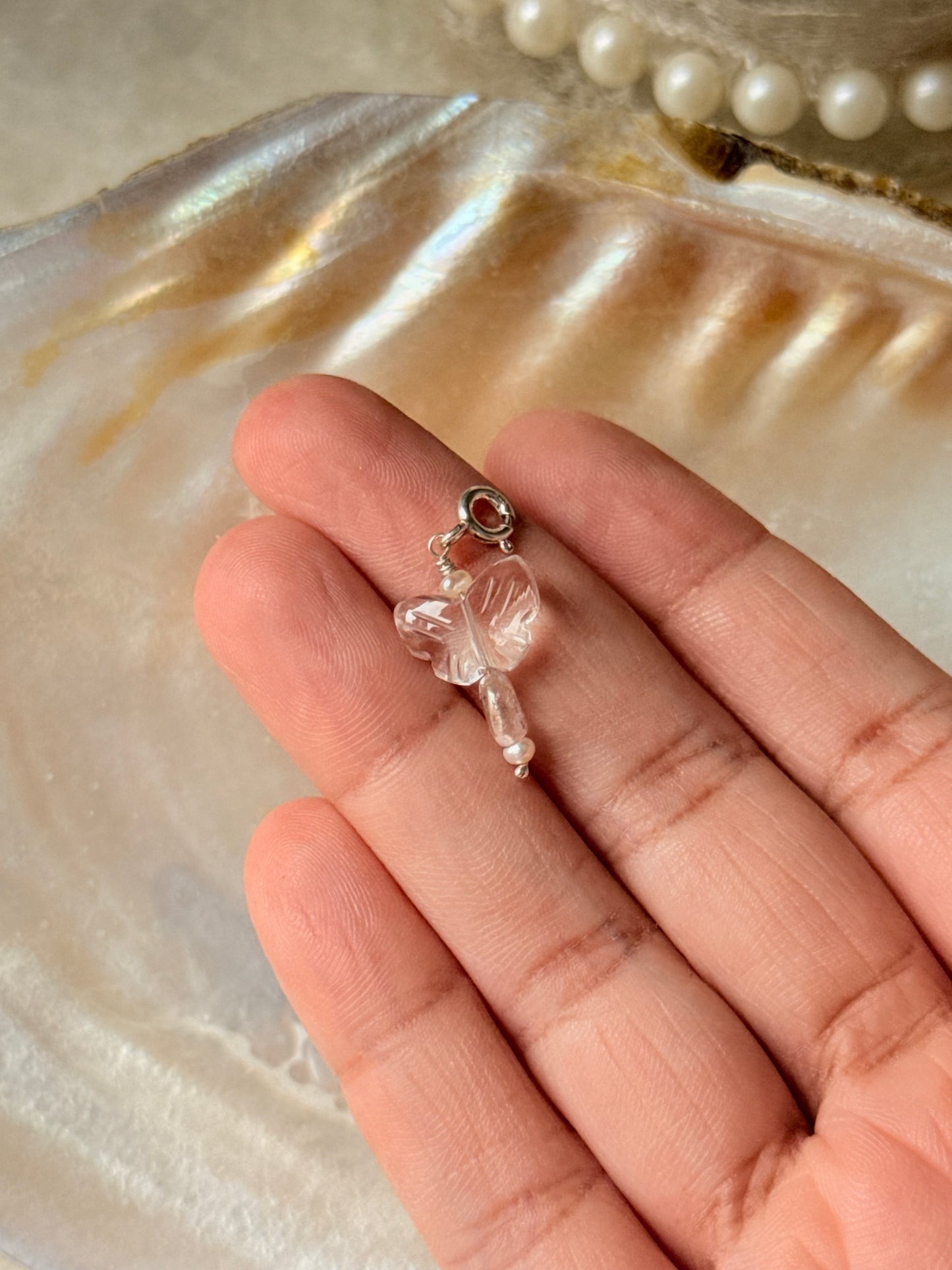 925 Sterling Silver Clear Quartz Butterfly Carved -Pink Tourmaline & Pearls Wire Wrapped Handcrafted Pendant