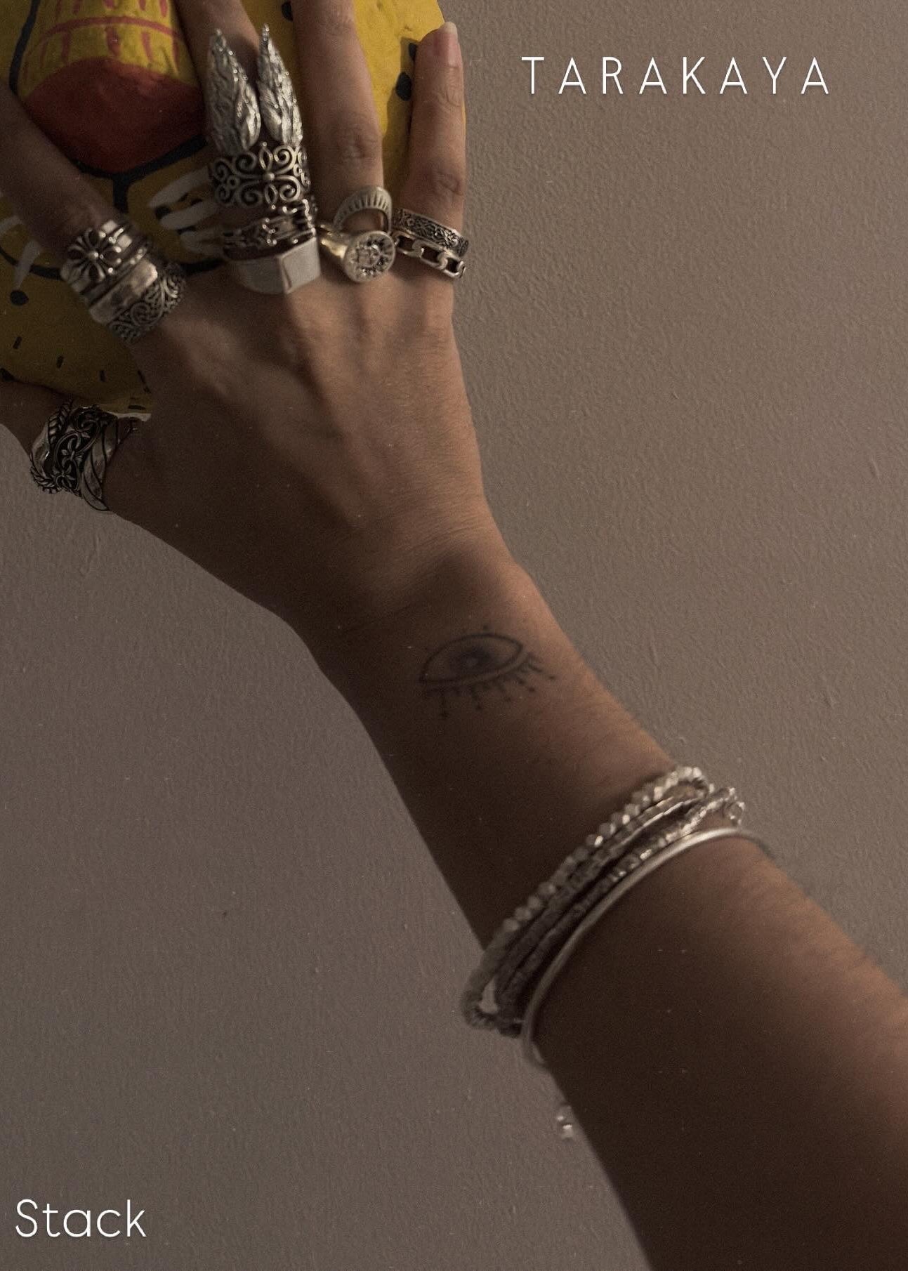 925 Sterling Silver Bohemian Square Beads Hill Tribe With Floral Hand Engraved Beaded In Silver Wire Handcrafted Stack Bracelet
