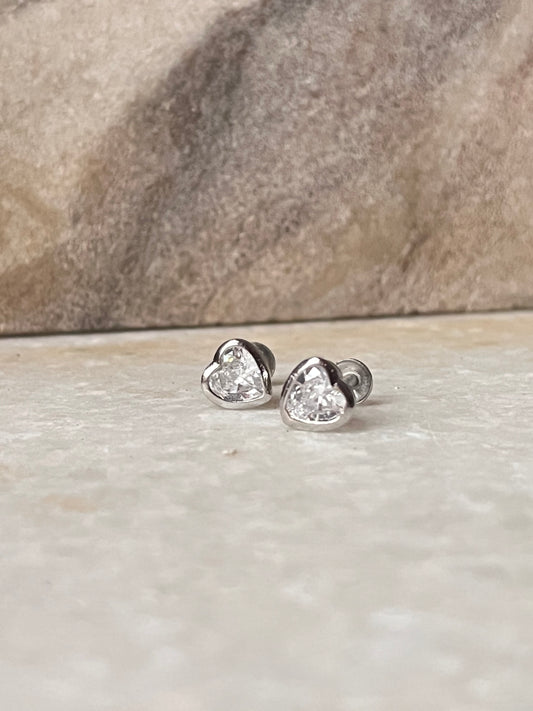 Heart CZ Side Covered 7mm South Screw 925 Sterling Silver Studs  