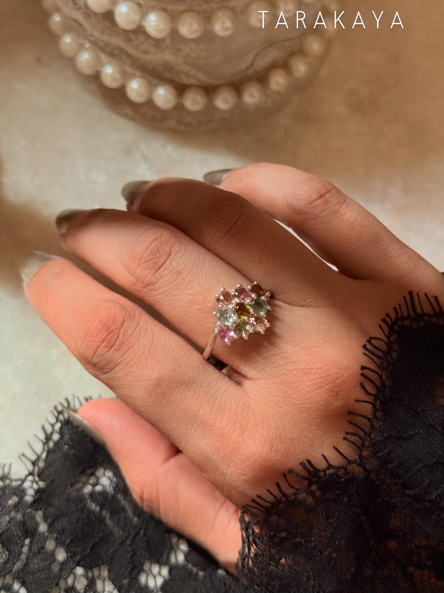 925 Sterling Silver Multi Tourmaline Flower Statement Ring