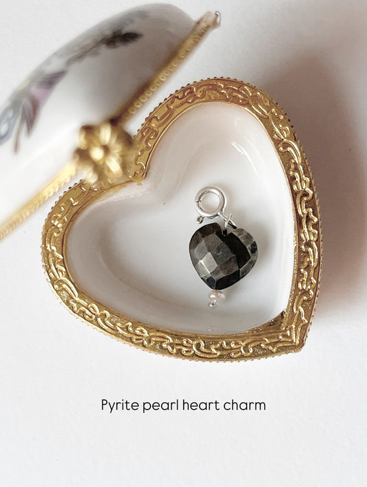 Pyrite Hearts Pearl 925 Sterling Silver Charm