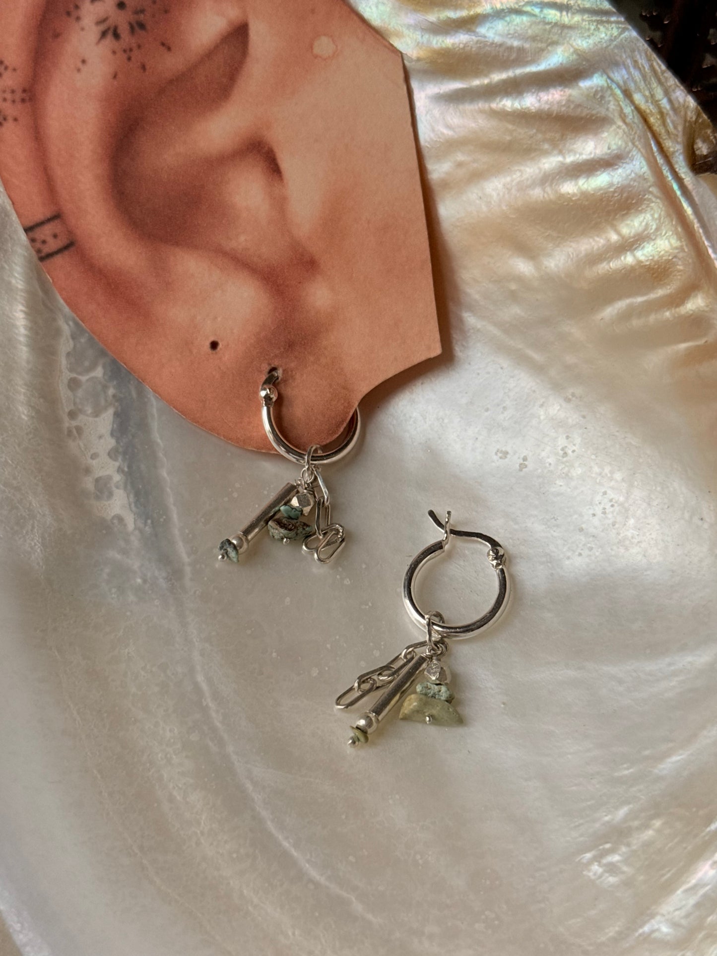925 Sterling Silver Turquoise Beads, Silver Beads , Paper Clip Chain Hangings Removable Charms Self Designed Handcrafted Italian Hoops Earrings