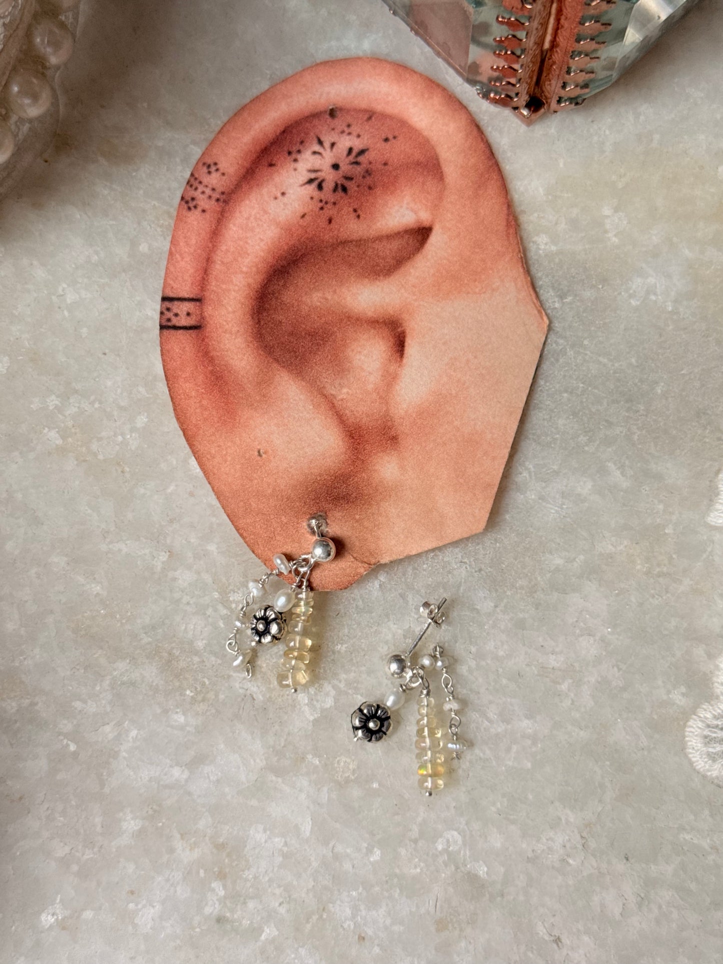 925 Sterling Silver Ethiopian Opals & Fresh Water Pearls Hand beaded , Floral Charm Handcrafted Studs Earrings