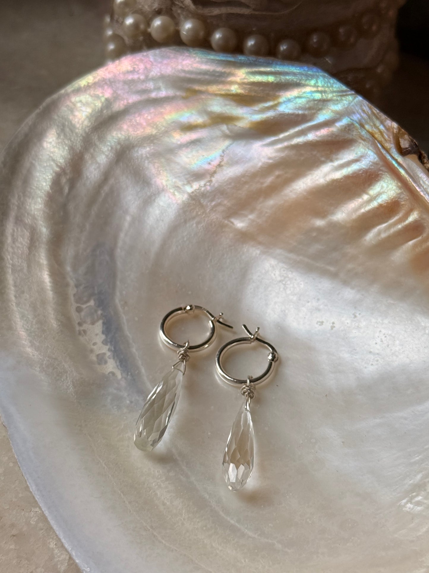 925 Sterling Silver Clear Quartz Drop Carved Charm Italian Hoops Handcrafted