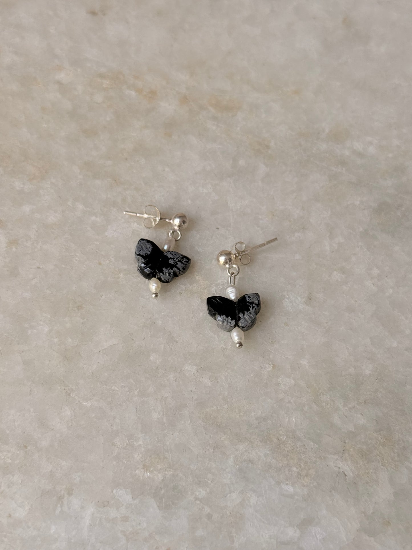925 Sterling Silver Black Jasper Pearl Butterfly Crystal Studs Earring