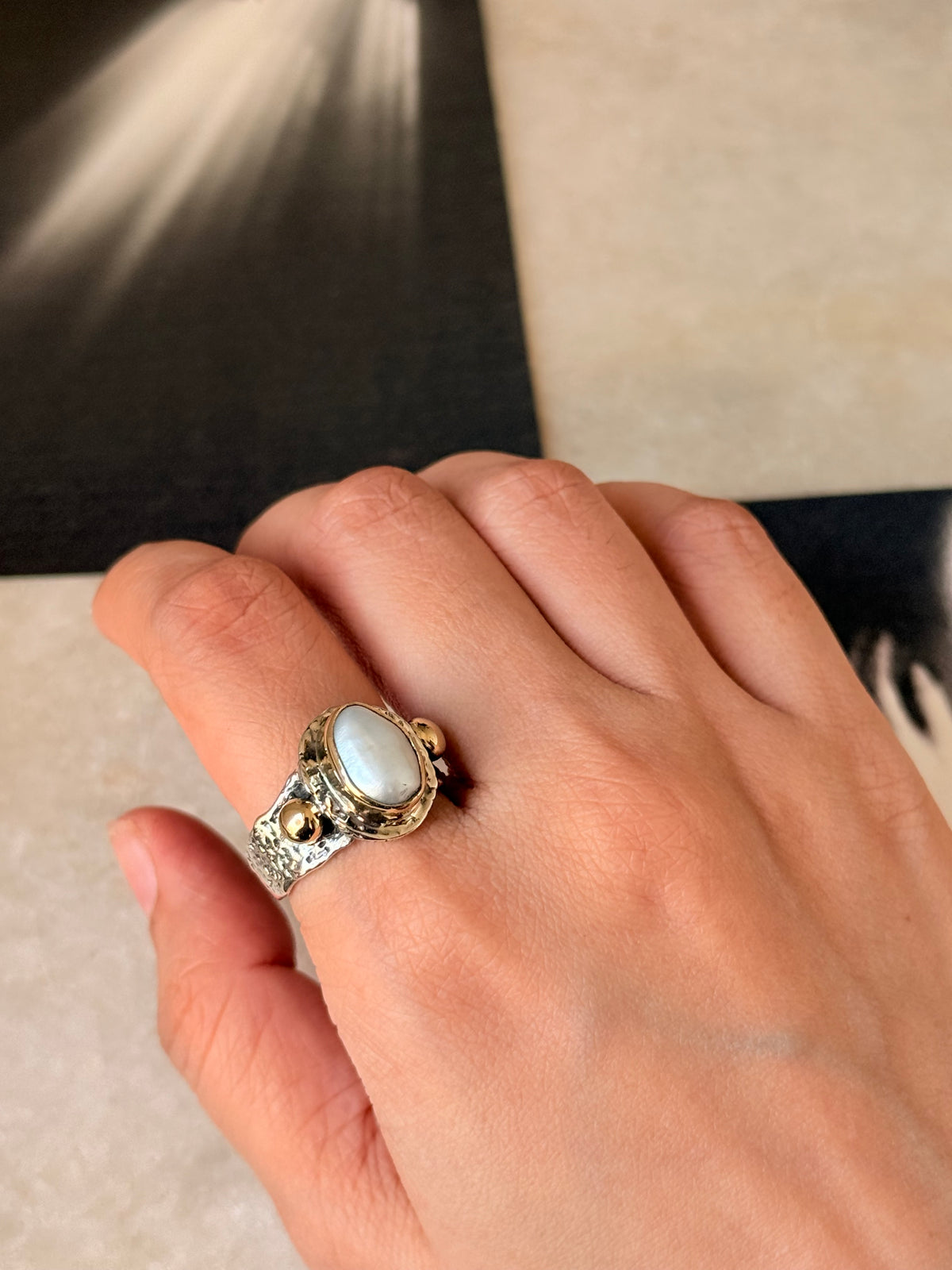 925 Sterling Silver Baroque Pearl Rustic Fusion Handcrafted Ring