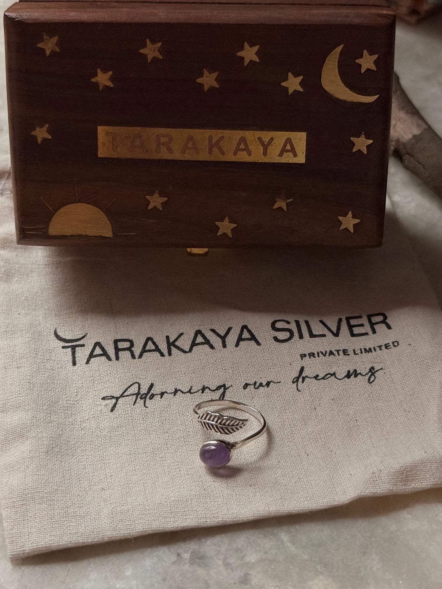 925 Sterling Silver Amethyst Feather Adjustable Band Ring