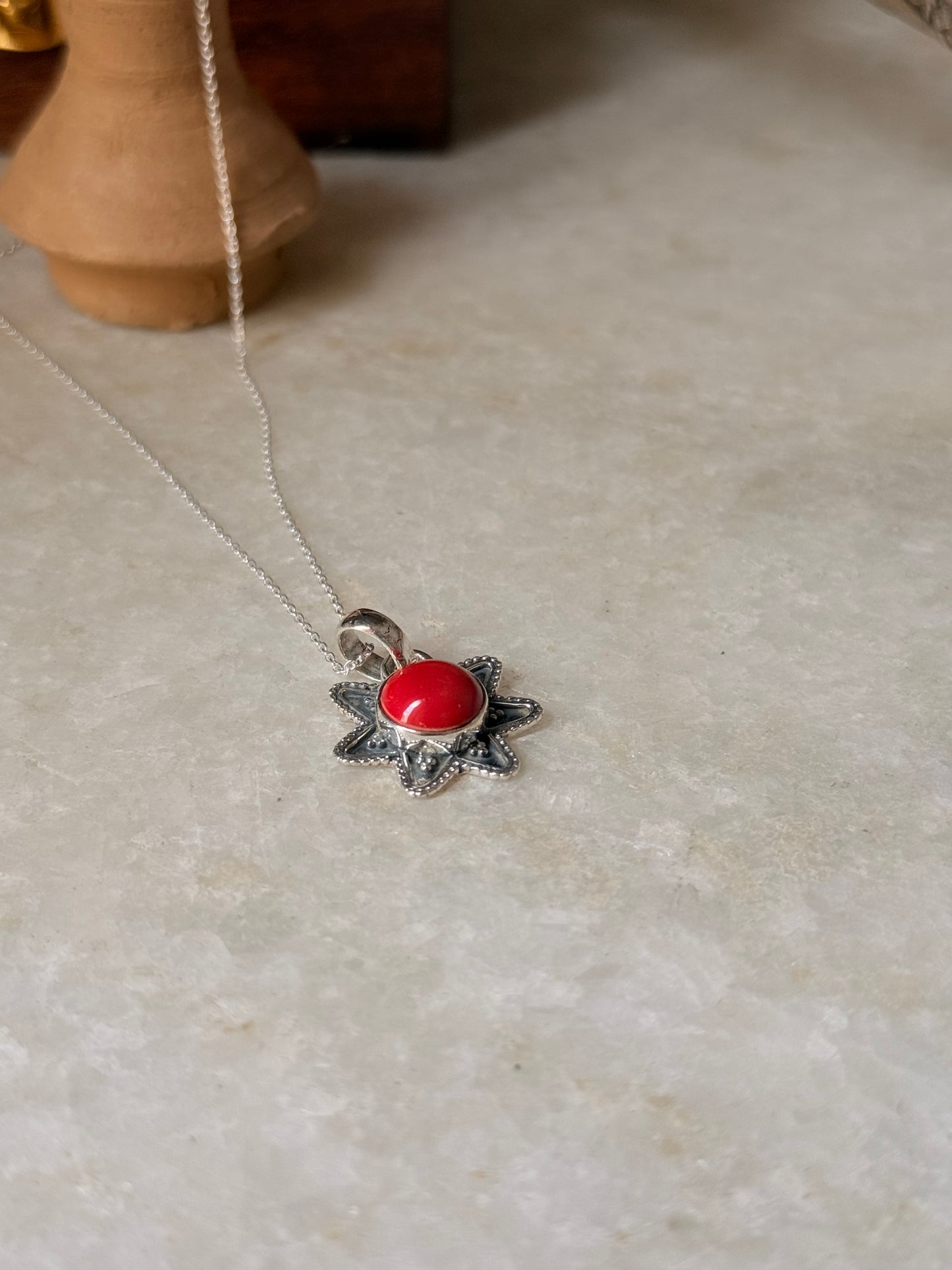 925 Sterling Silver Red Coral Boho Handcrafted Antique Pendant
