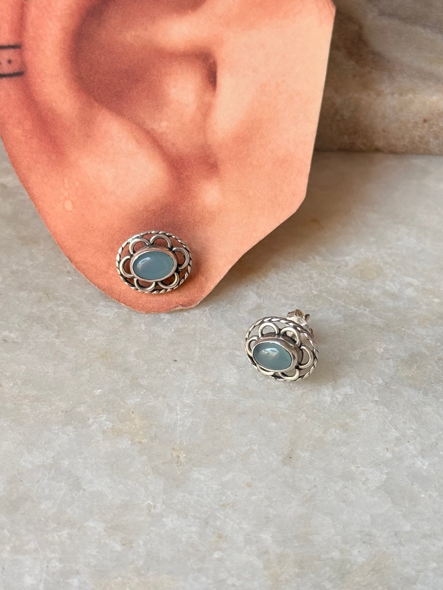 925 Sterling Silver Aqua Chalcedony Oval Flower Studs Earrings