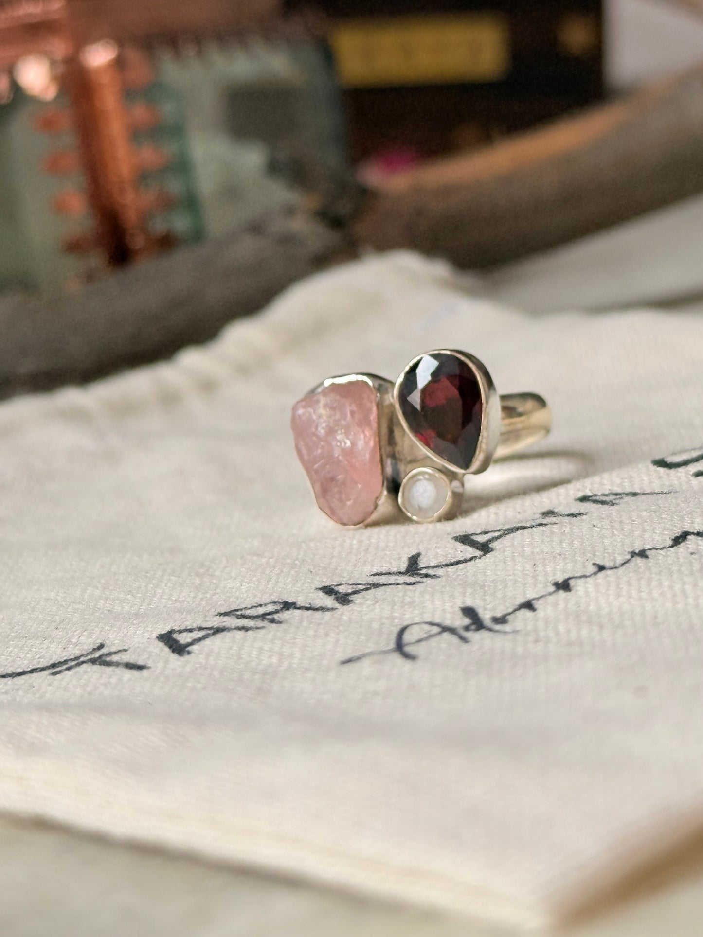 925 Sterling Silver Garnet, Moonstone and Rose Quartz Cluster One of a Kind Ring