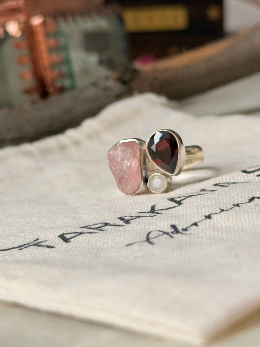 925 Sterling Silver Garnet, Moonstone and Rose Quartz Cluster Ring