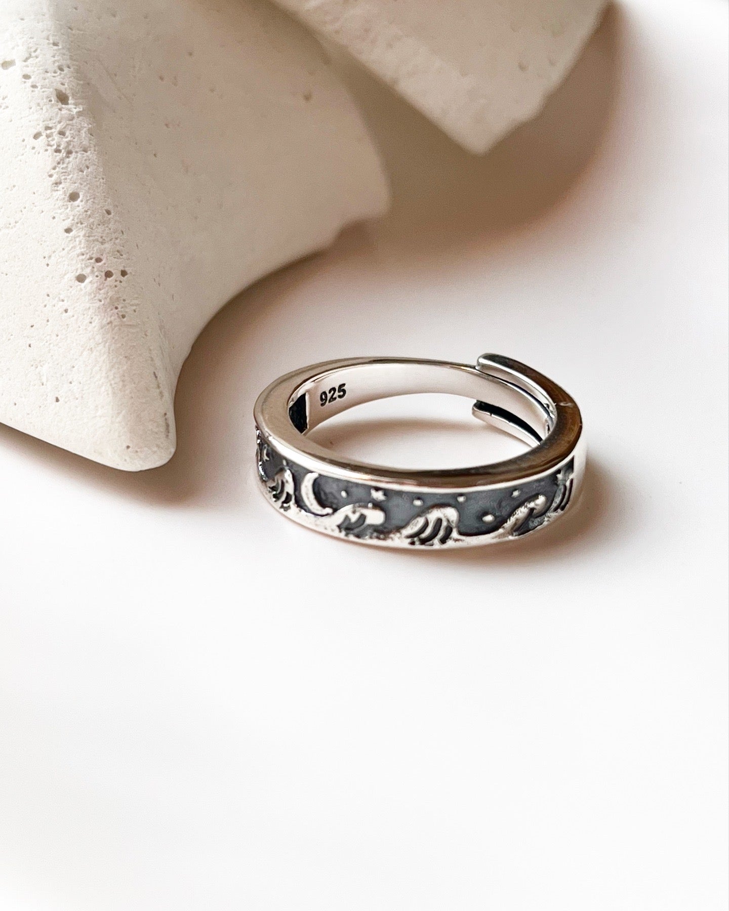 Ocean and Celestial-Themed Adjustable Silver Ring with Moon and Stars