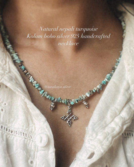 Natural Turquoise Tribal Kolam Boho 925 Sterling Silver Handmade Necklace