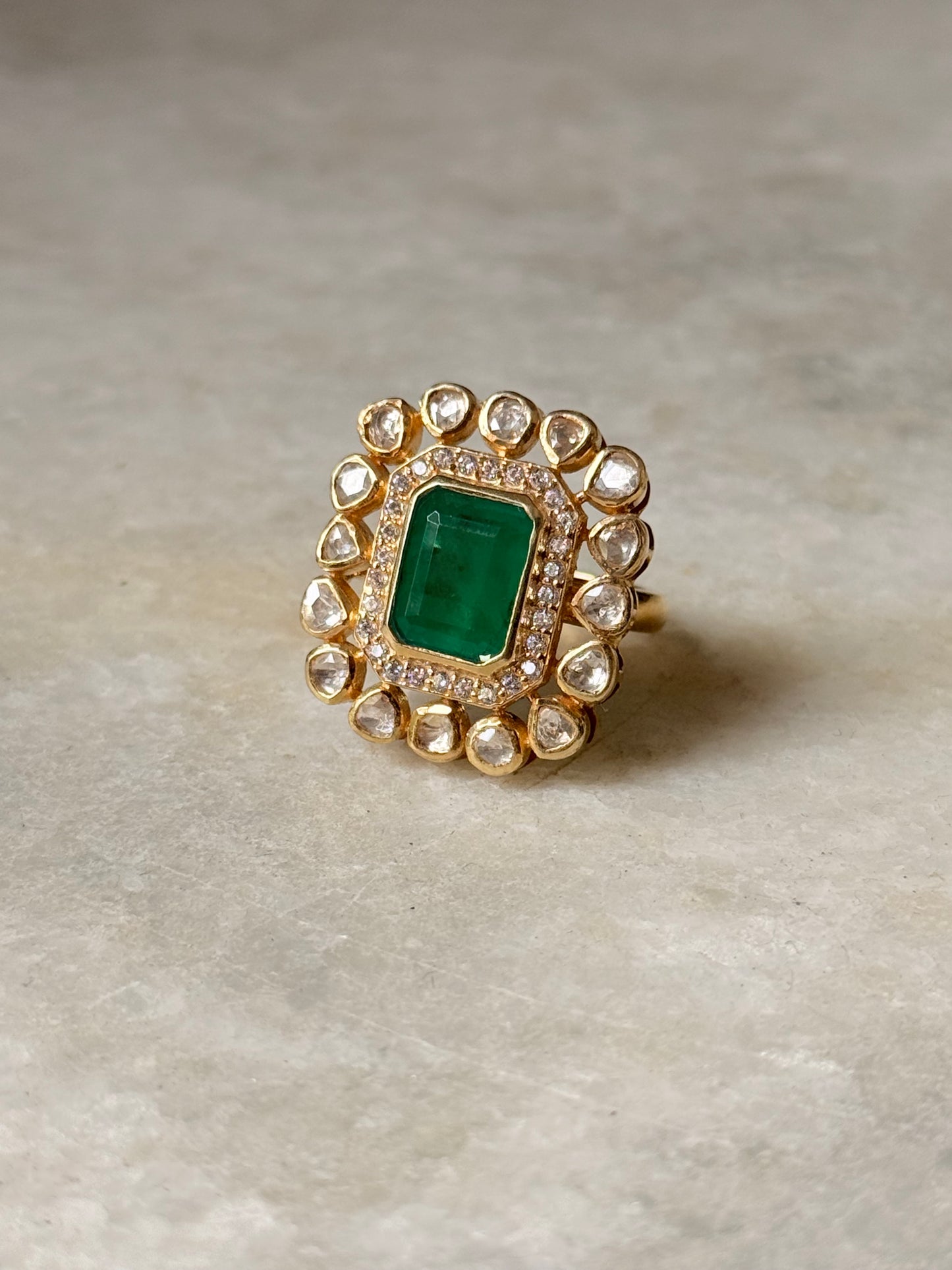 925 Sterling Silver Gold Plated Green onyx , Antique Moissanite Polki Adjustable Ring
