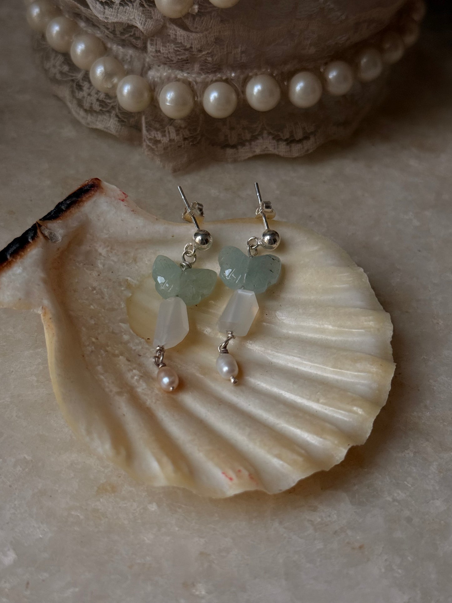 925 Sterling Silver Aquamarine Butterfly Moonstone Fresh Water Pearl Studs Earrings