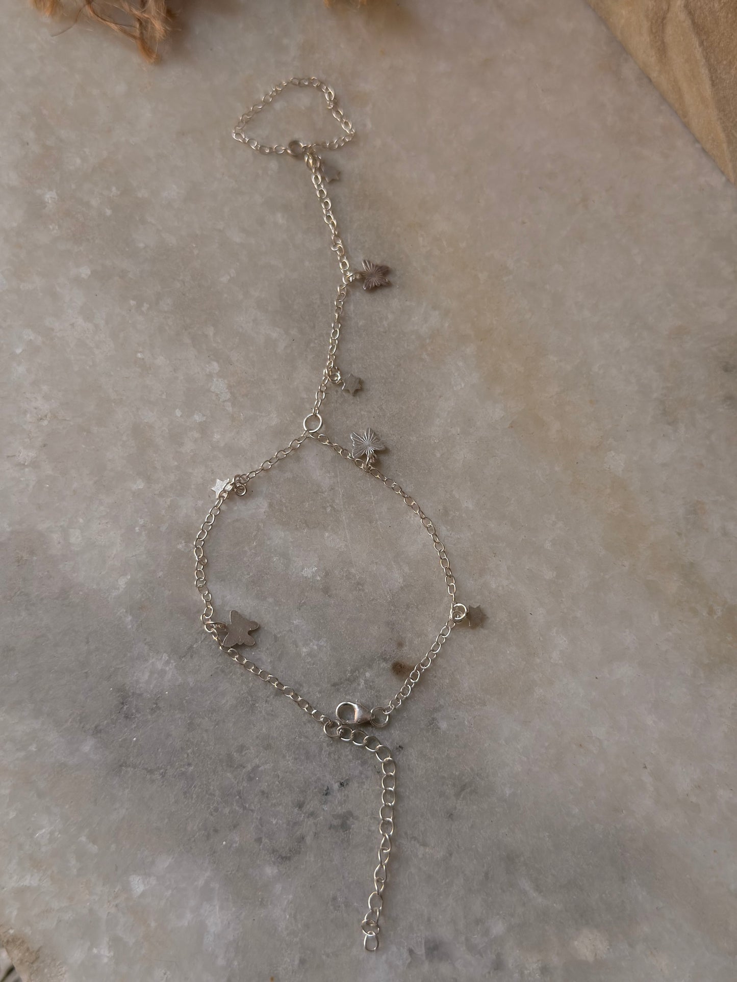 925 Sterling Silver Pretty Butterfly & Star Charms Handcrafted Hand Chain